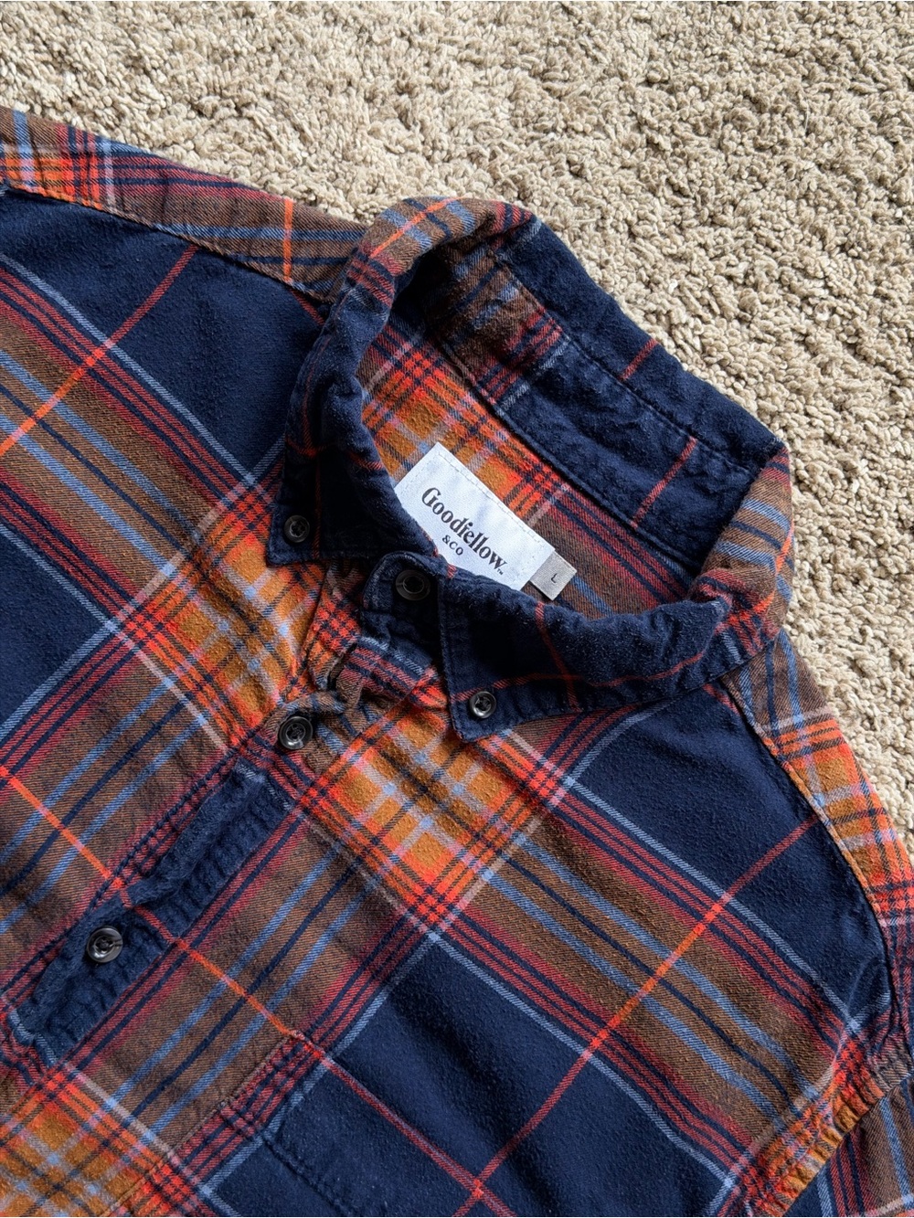 Goodfellow & Co Men's Navy and Orange Plaid Flannel Button-Down Shirt Large